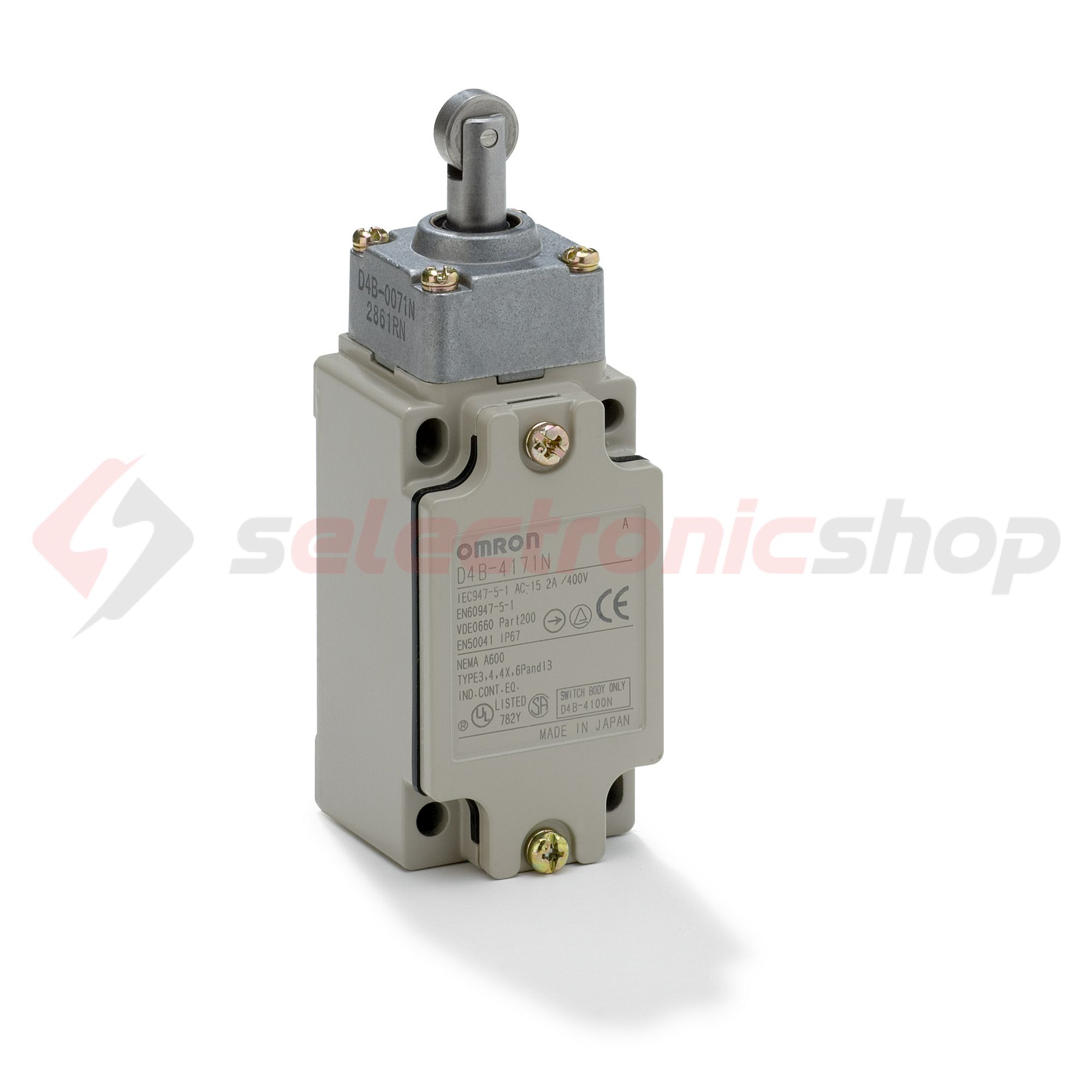 Biztonsági végálláskapcsoló fém 1ny 1z görgős ütköző 2A/AC15/230V IP67 D4B-4171N OMRON - 373234