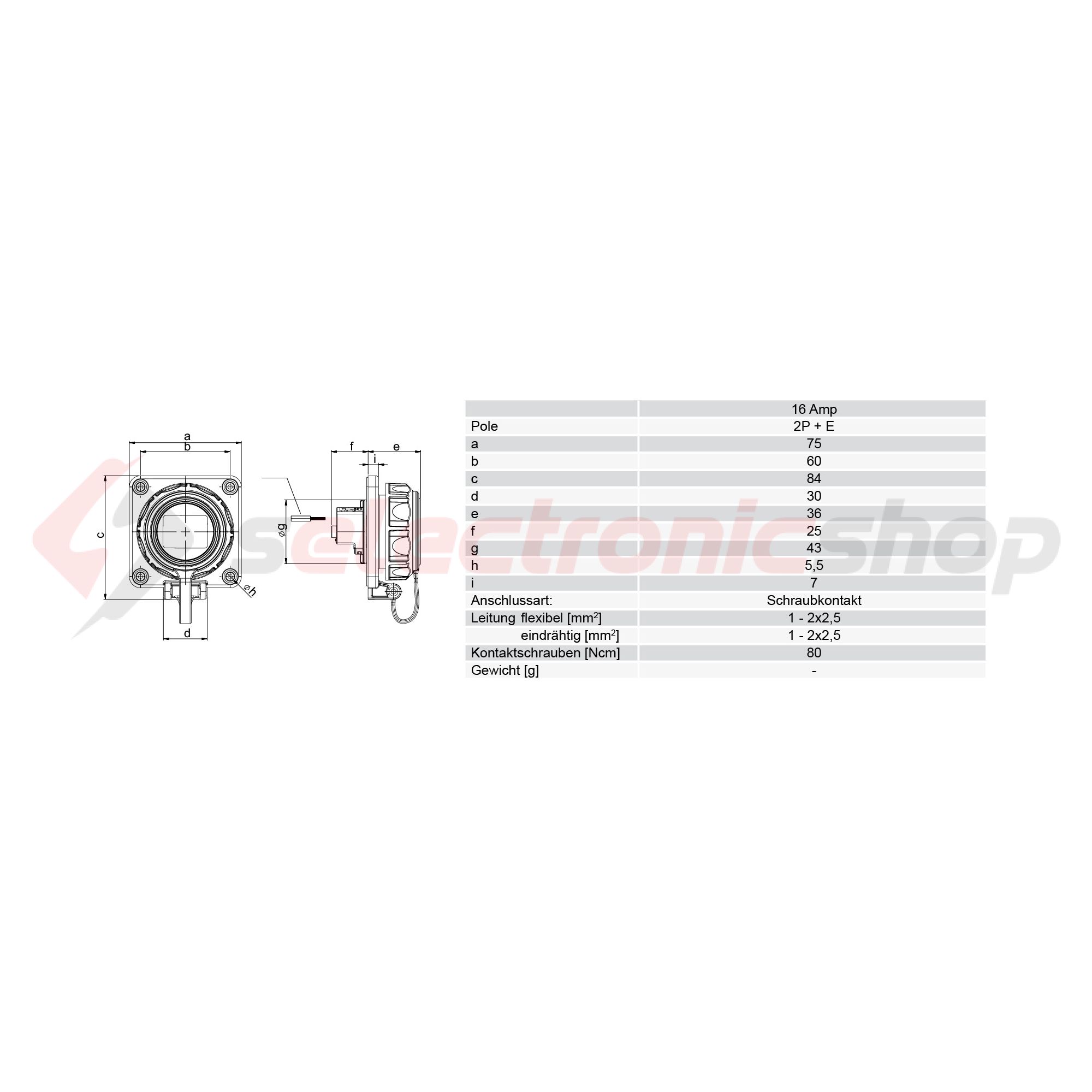 Dugalj beépíthető 2P+E +csapófedél 16A 3P 250V műanyag 75x75mm kék egyenes csavaros Nautilus PCE - 20351-8b