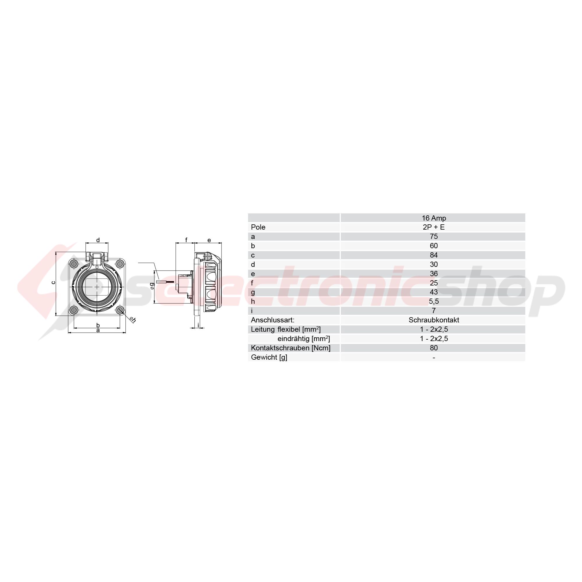 Dugalj beépíthető 2P+E +csapófedél 16A 3P 250V műanyag 75x75mm kék egyenes csavaros Nautilus PCE - 20352-8b