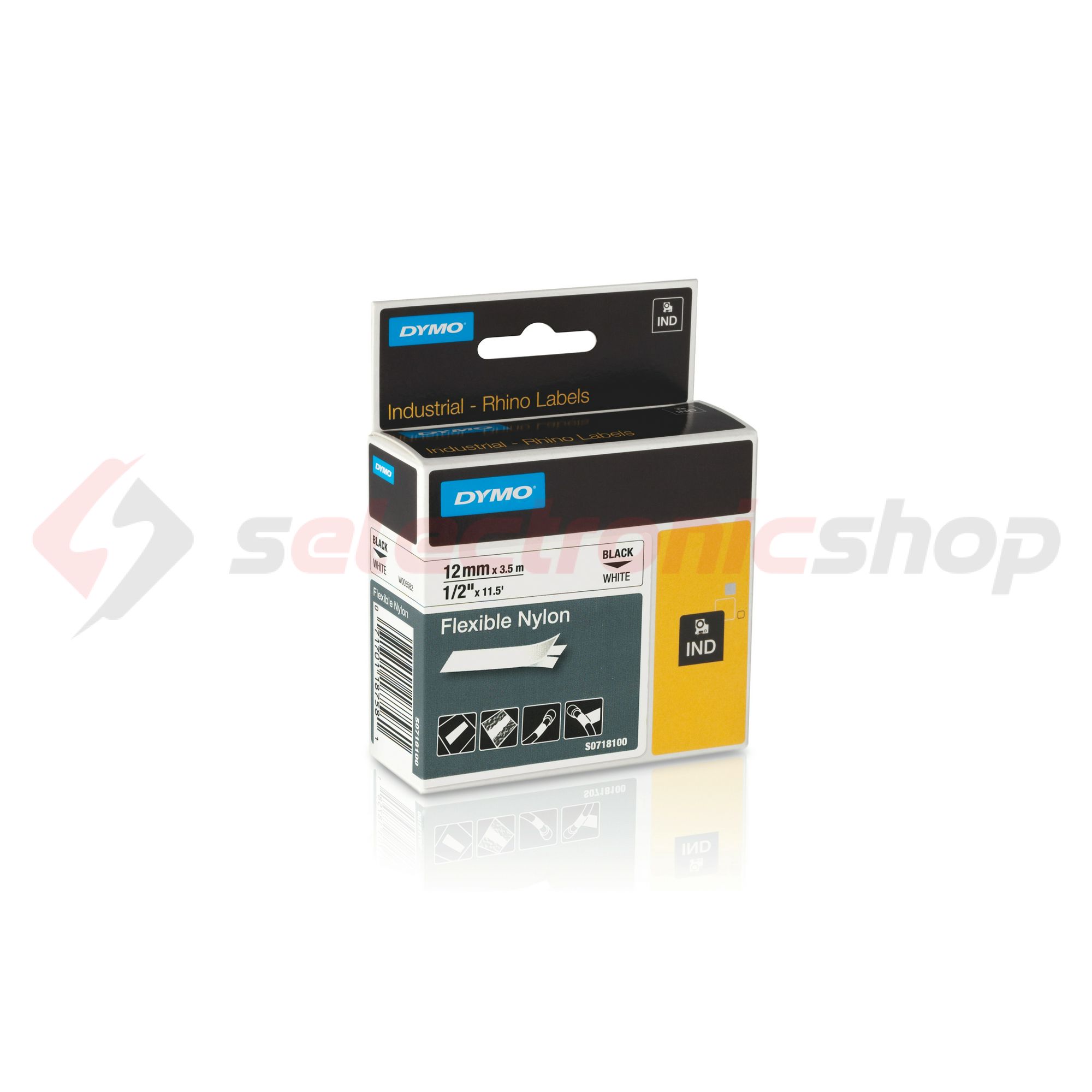 Feliratozó szalag hajlékony nylon fehér/ fekete-betű 12mm x 3.5m  hőálló RHINO 18758 18488 DYMO - S0718100