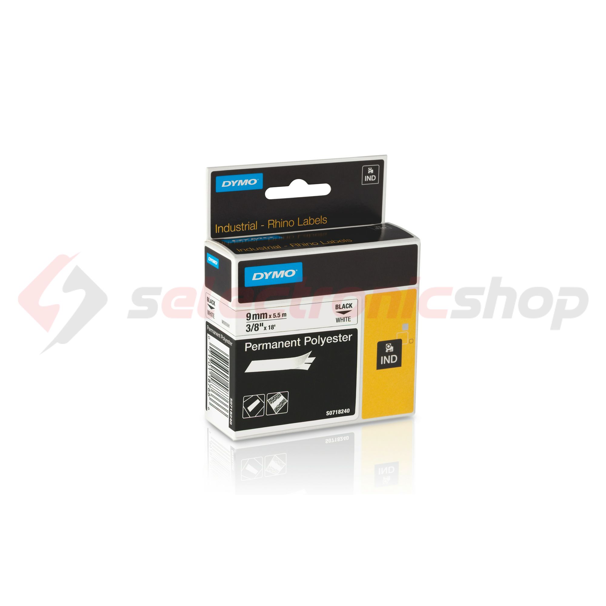 Feliratozó szalag tartós poliészter fehér/ fekete-betű 9mm x 5.5m  hőálló RHINO 18766 18482 DYMO - S0718240