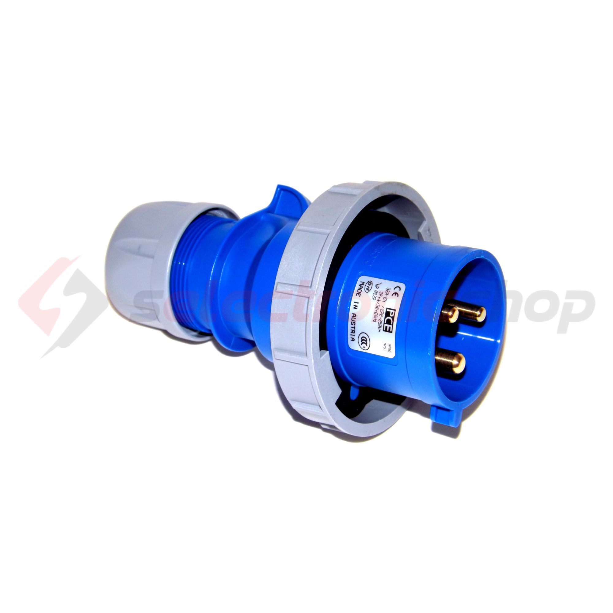 Ipari dugvilla lengő 2P+E 32A 230V(50+60Hz) kék IP67 műanyag csavaros 6h-pozíció Shark PCE - 0232-6