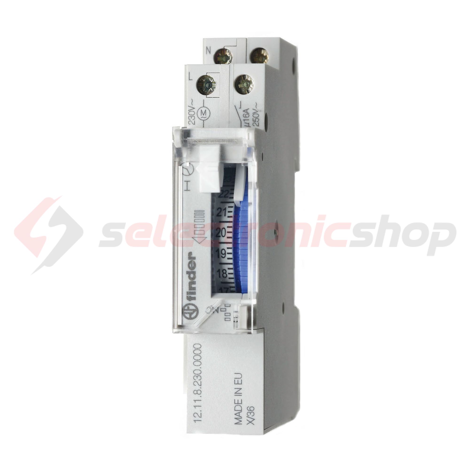 Kapcsolóóra sorolható analóg kvarc 1csatorna napi 1M 16A kalapsínre 12.11.8.230.0000 FINDER - 121182300000