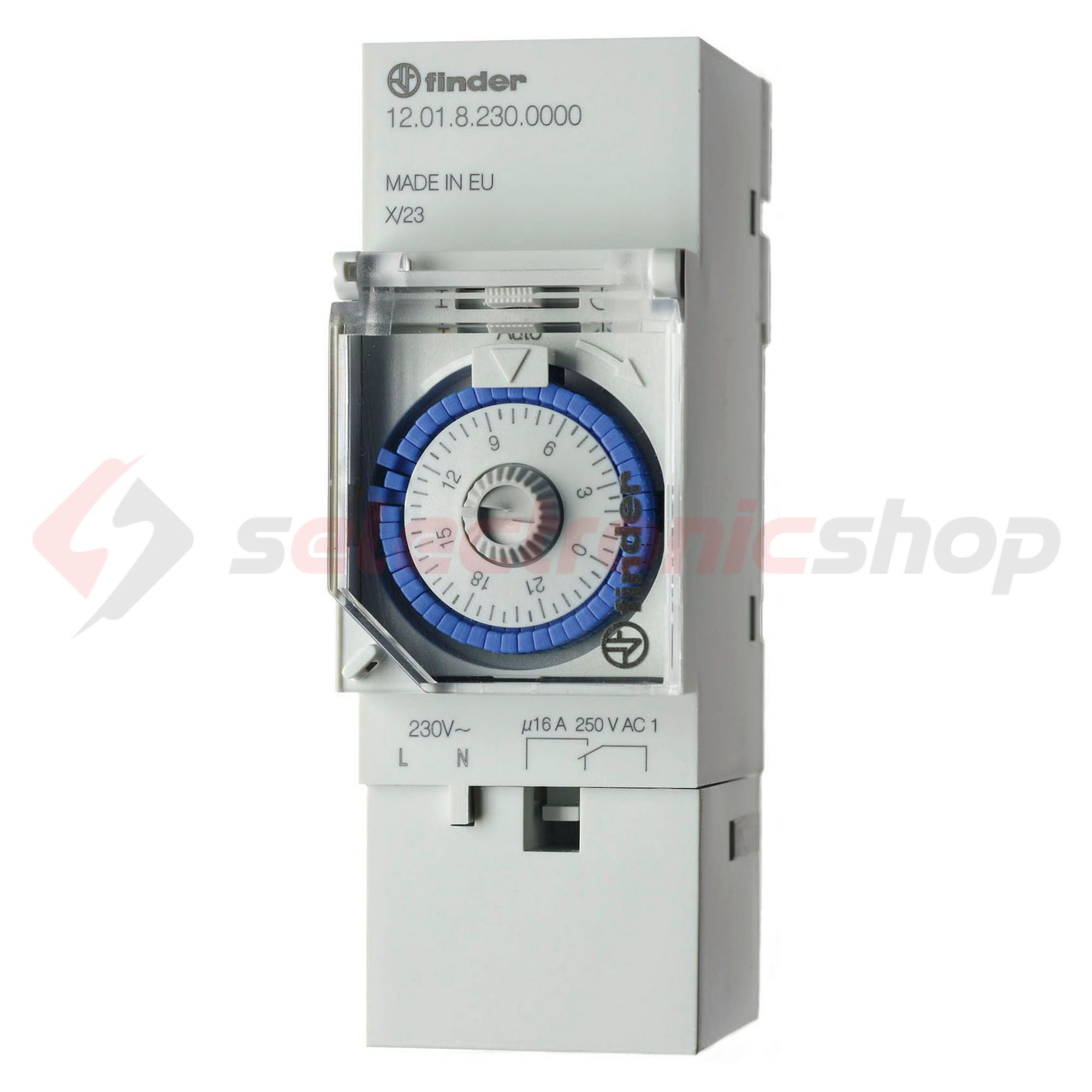 Kapcsolóóra sorolható analóg kvarc 1csatorna napi 2M 16A kalapsínre 12.01.8.230.0000 FINDER - 120182300000