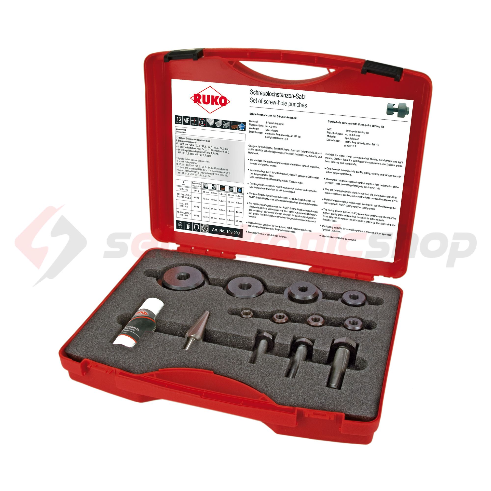 Kézi lyukasztókészlet max.4mm-lemezhez csapágyas acél-hoz 8bélyeggel 15.2-54mm 9-42PG 3 RUKO - 109003K