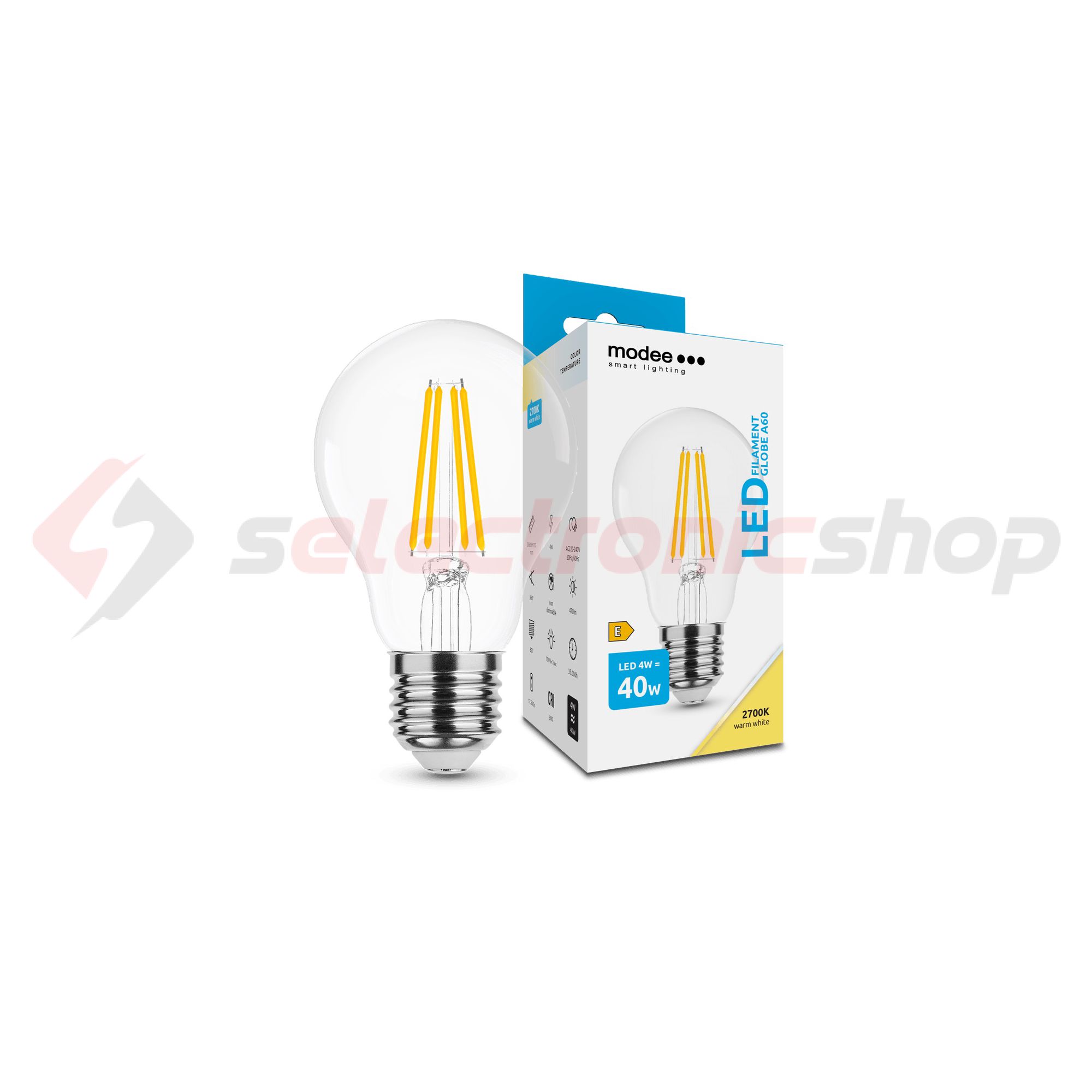 LED lámpa A60 körte A filament 4W- 40W E27 470lm 827 220-240V AC 35000h 360° 2700K Modee - ML-A60F2700K4WE27