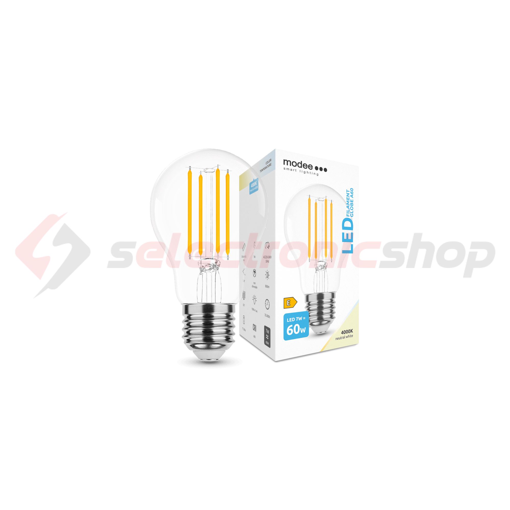 LED lámpa A60 körte A filament 7W- 60W E27 760lm 840 220-240V AC 35000h 360° 4000K Modee - ML-A60F4000K7WE27