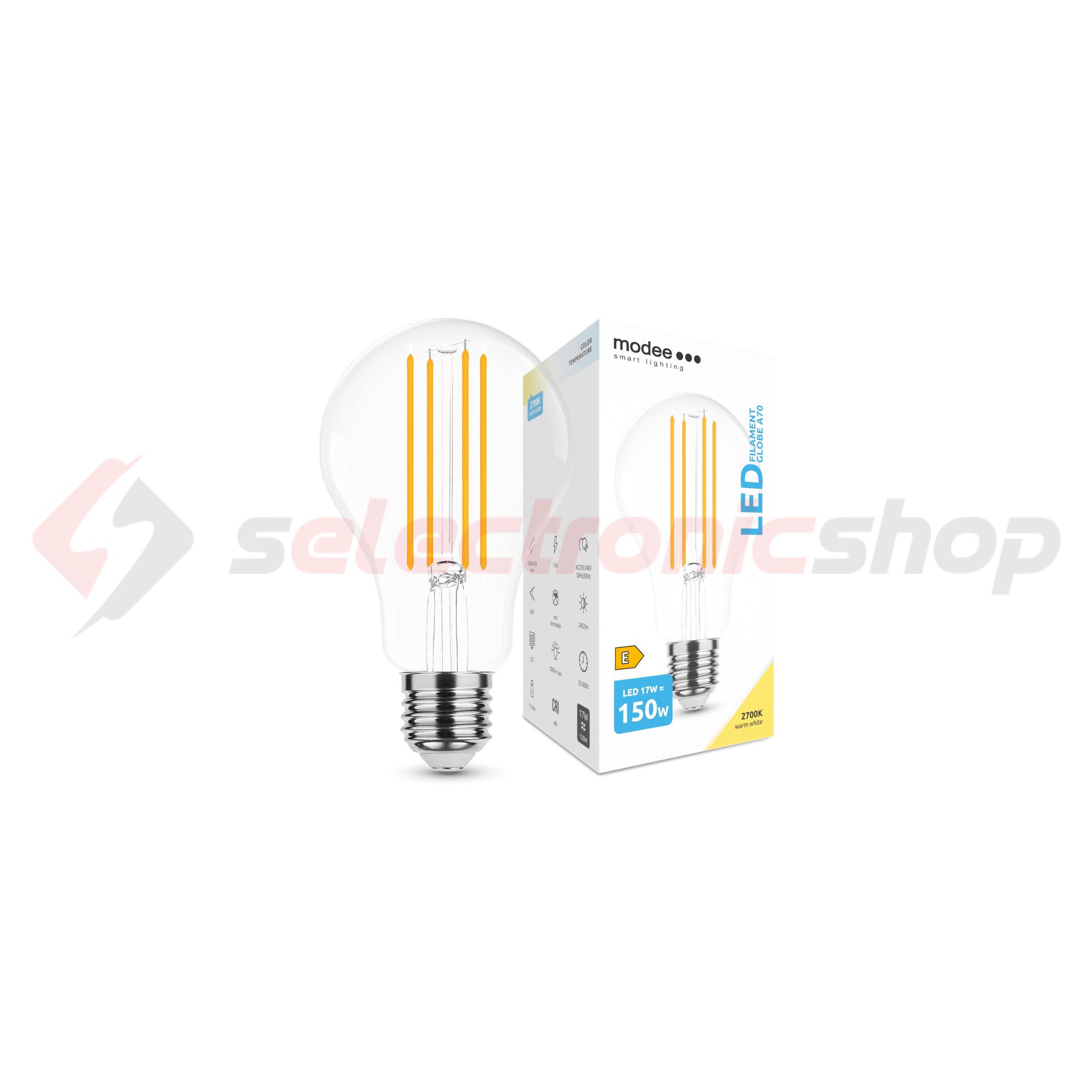 LED lámpa A70 körte A filament 17W- 150W E27 2452lm 827 220-240V AC 35000h 360° 2700K Modee - ML-A70F2700K17WE27