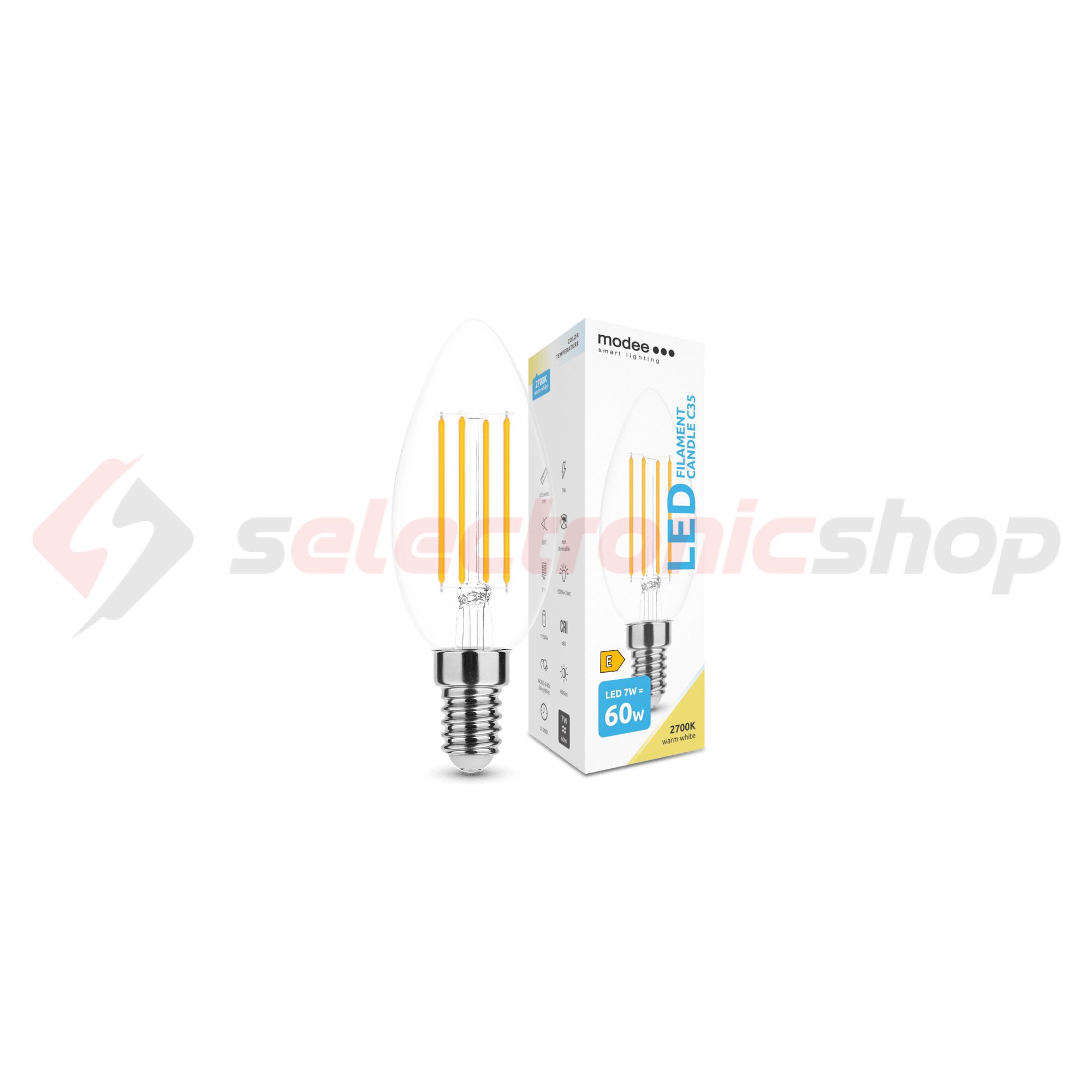 LED lámpa B35 gyertya filament 7W- 60W E14 806lm 827 220-240V AC 35000h 360° 2700K Modee - ML-CF2700K7WE14