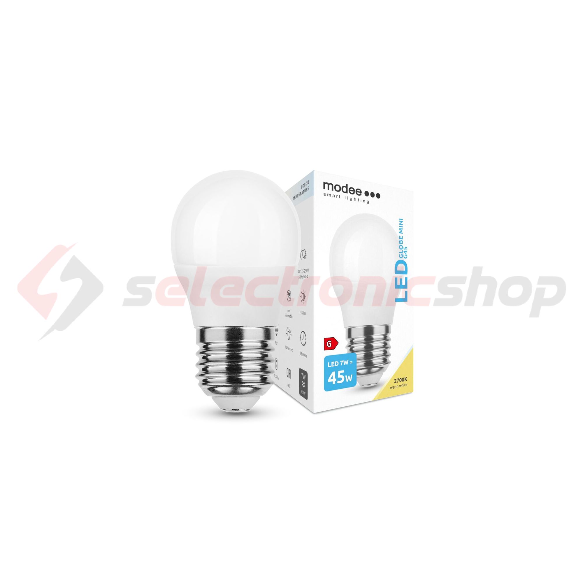 LED lámpa kisgömb P45 7W- 45W E27 550lm 827 220-240V AC 25000h 180° 2700K Modee - ML-G452700K7WE27N