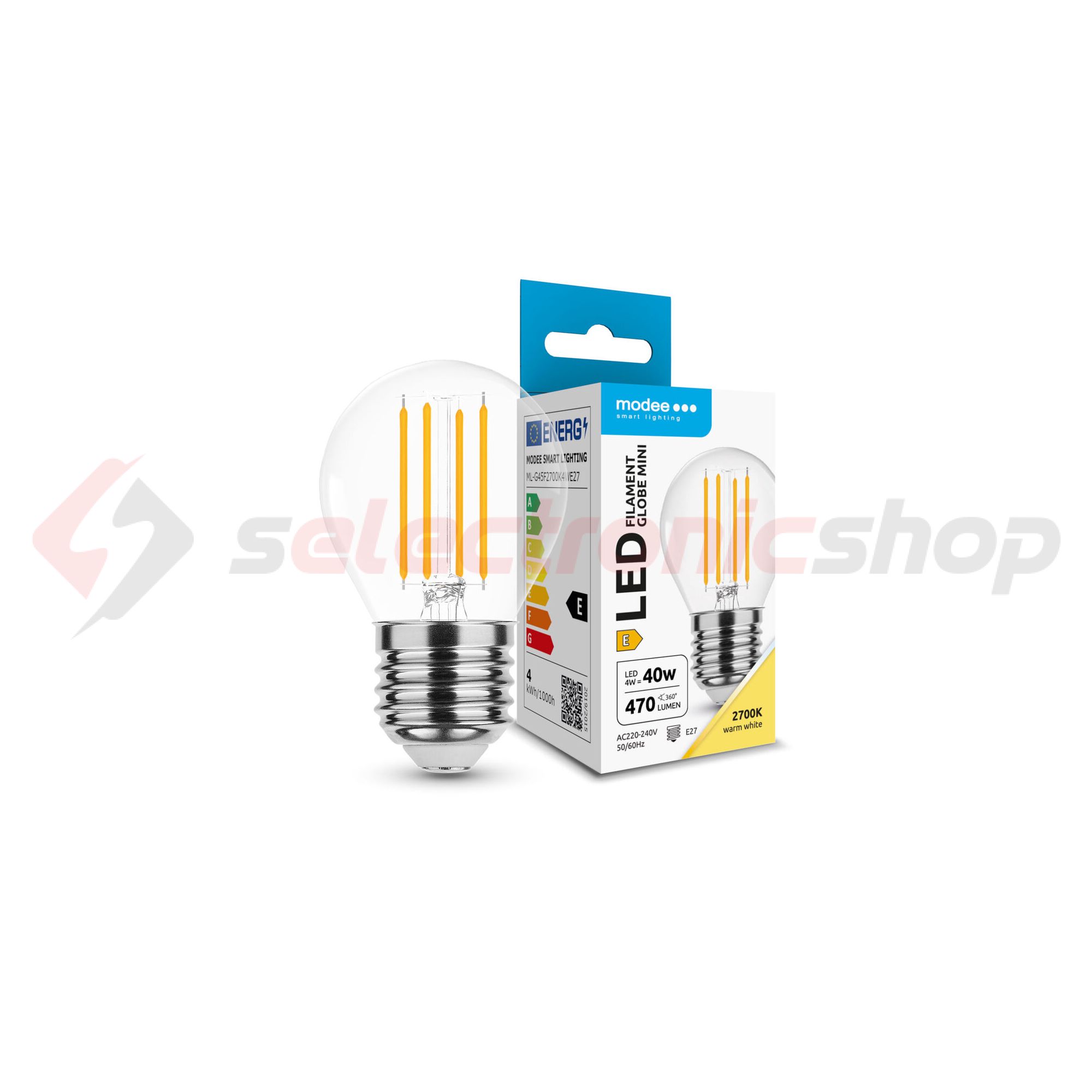 LED lámpa kisgömb P45 filament 4W- 45W E27 430lm 827 220-240V AC 25000h 360° 2700K Modee - ML-G45F2700K4WE27