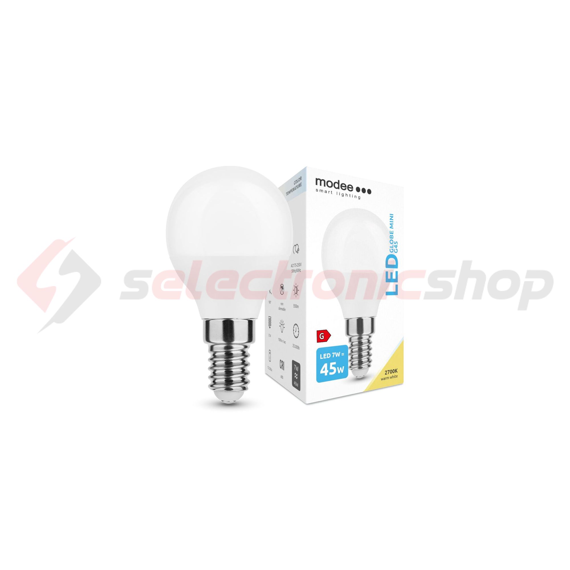 LED lámpa kisgömb P48 7W- 45W E14 550lm 827 220-240V AC 25000h 180° 2700K Modee - ML-G452700K7WE14