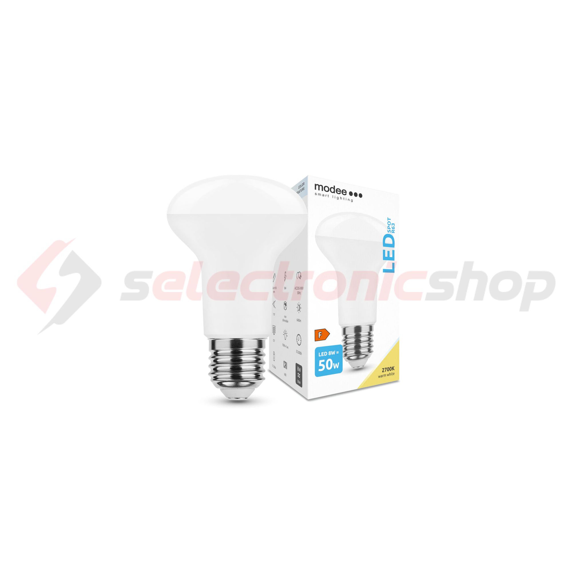 LED lámpa R63 tükrös 8W- 50W E27 640lm 827 220-240V AC 25000h 110° 2700K A-series Modee - ML-R632700K8WE27A