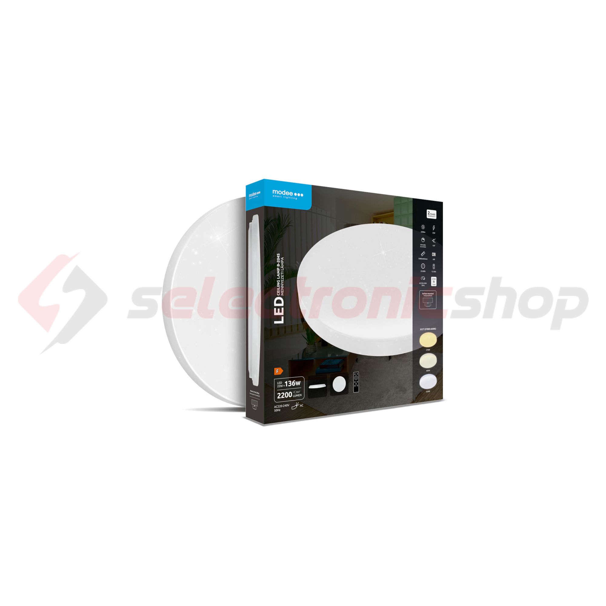LED mennyezeti lámpatest távirányítóval 3CCT DIM falonkívüli 1x 22W 175-265V AC A-B204 Modee - ML-CLA3CCT22W-B204S