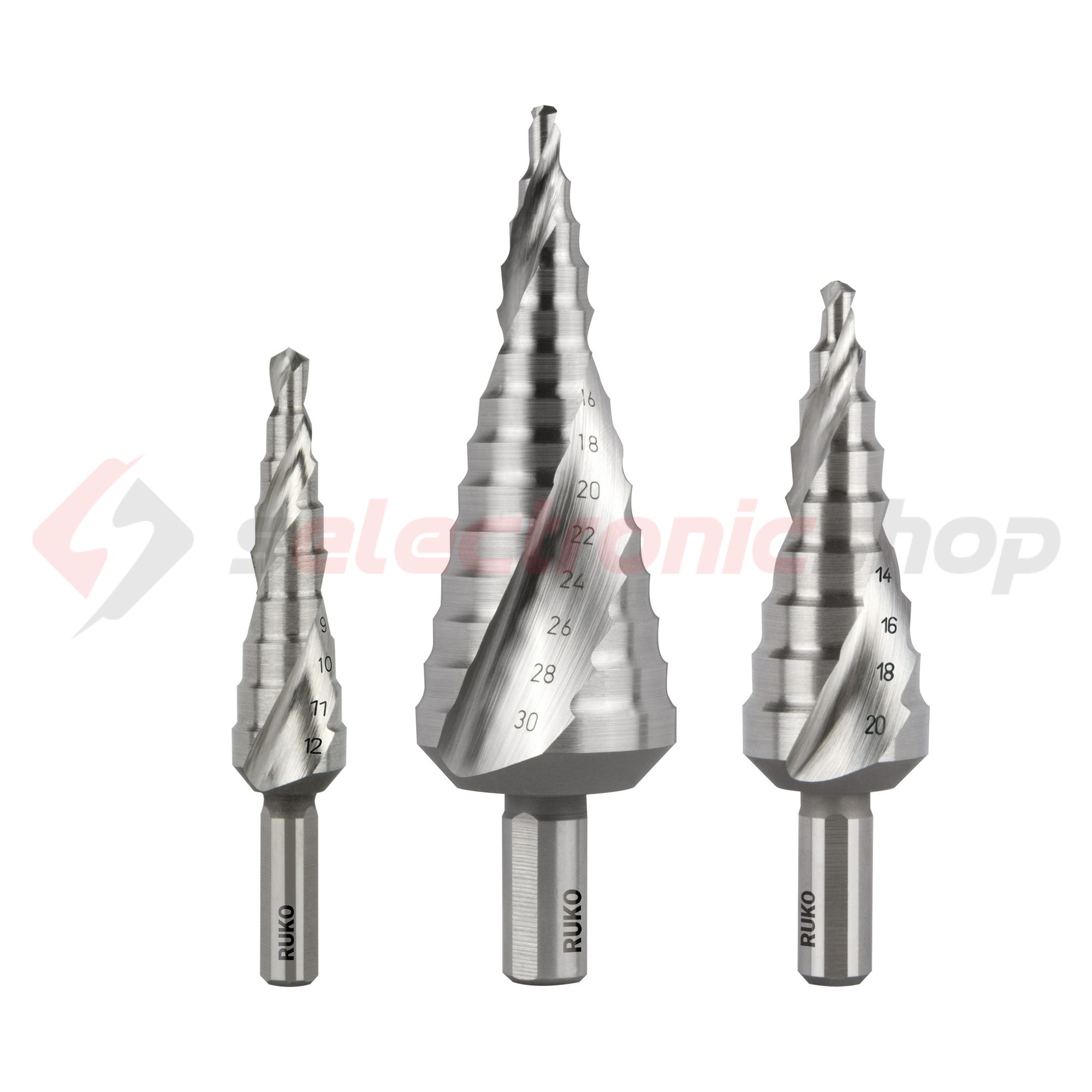 Lépcsősfúró készlet 3-darabos 4-12mm/4-20mm/4-30mm HSS RUKO - 101026