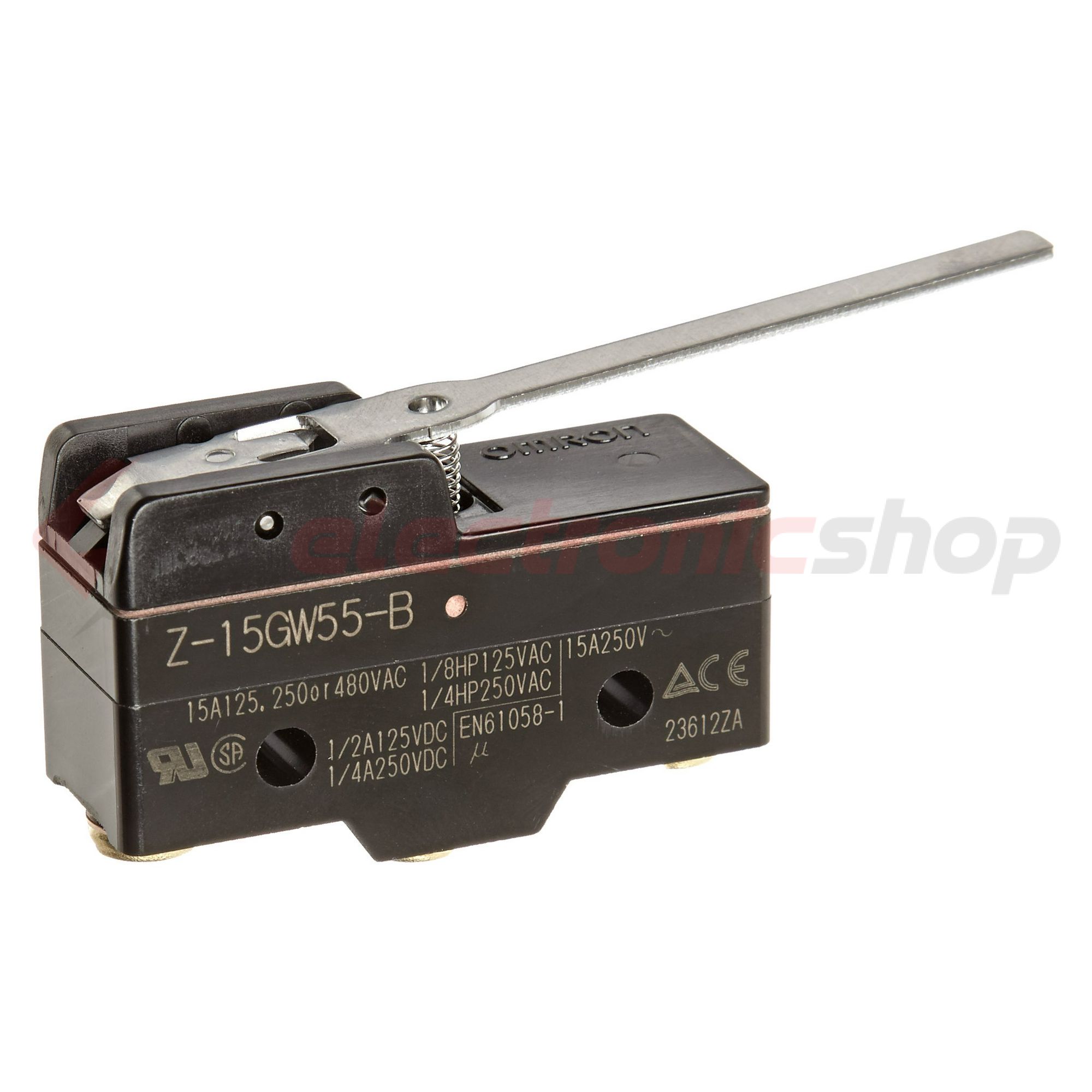 Mikrokapcsoló hosszú lemezkar műanyag 1ny 1z 15A/AC15/230V IP00 csúszó érintkező Z-15GW55-B OMRON - 106603