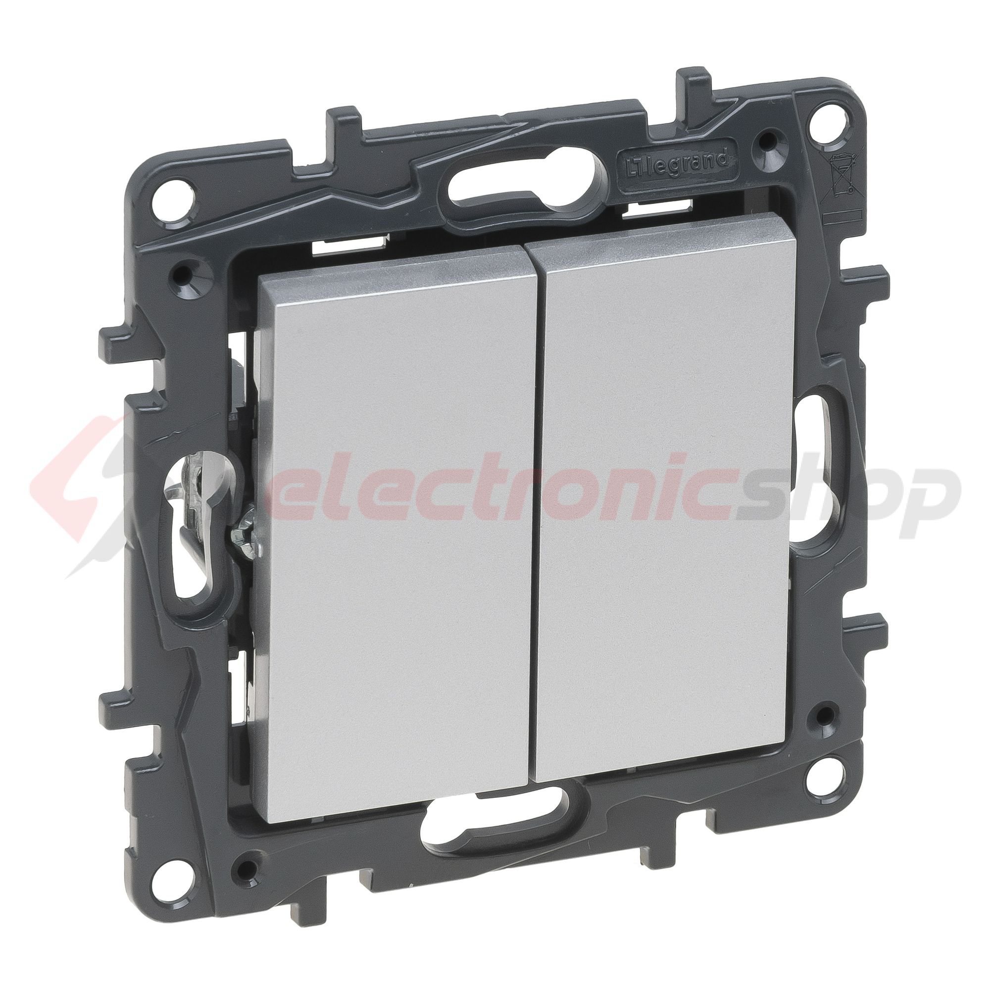 NiloéStep 106+6 kettős váltókapcsoló betét közp. fedéllel alumínium süllyesztett rugós LEGRAND - 863308