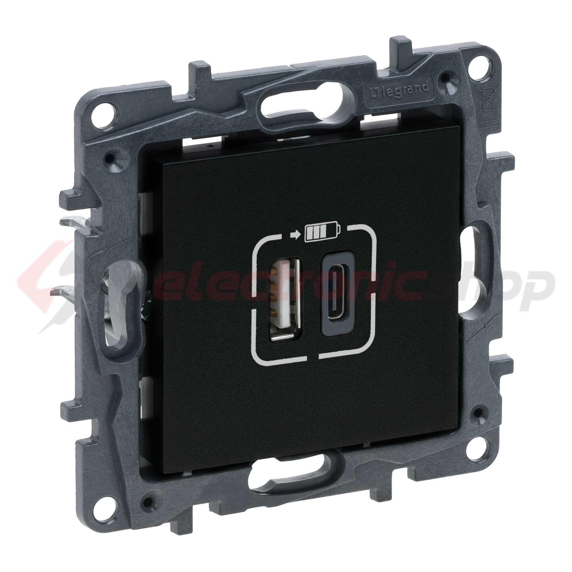 NiloéStep USB töltőaljzat A+C 3000mA/ 5V süllyesztett fekete IP40 LEGRAND - 863540