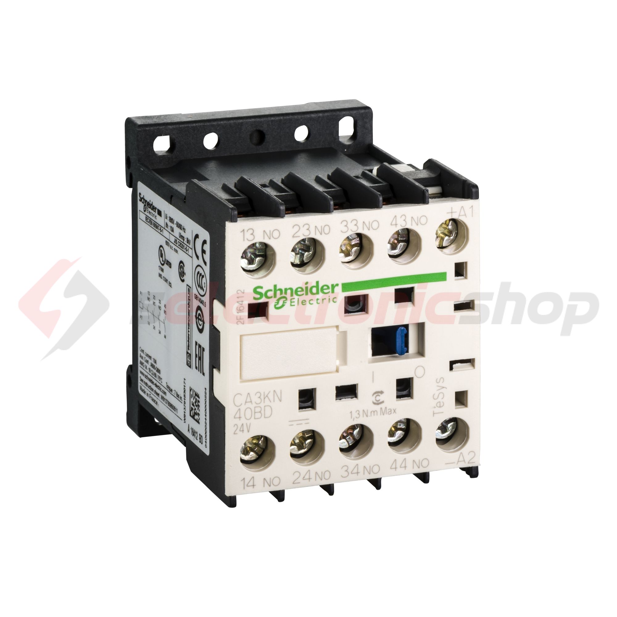 Segédkontaktor (s.kapcsoló) 10A/400V 4-z 24VDC kalapsín/csavaros TeSys CA3-KN Schneider - CA3KN40BD