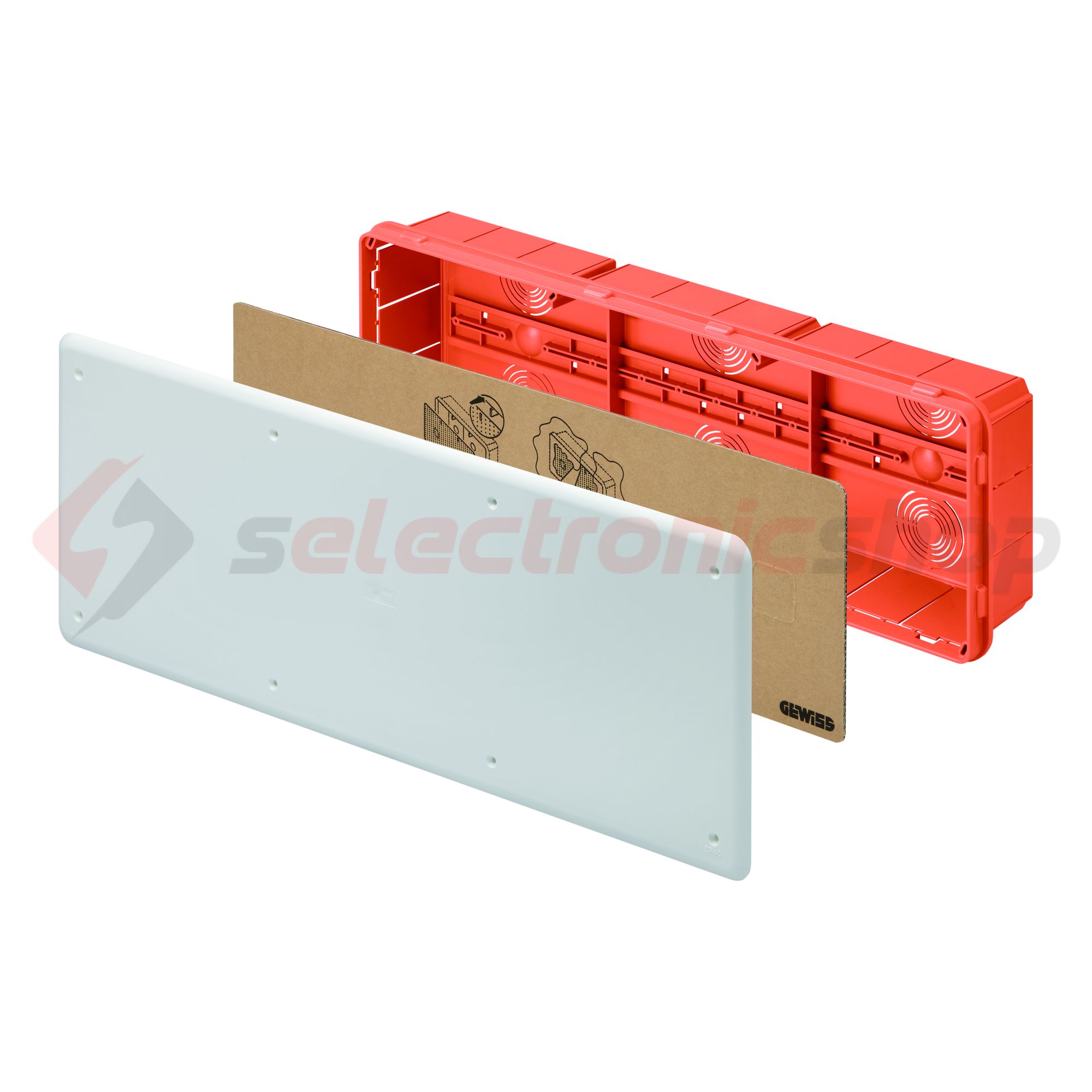 Süllyesztett kötő-/szerelvénydoboz DIN-sínnel téglalap 480mm x 160mm x műanyag piros 48PT GEWISS - GW48009