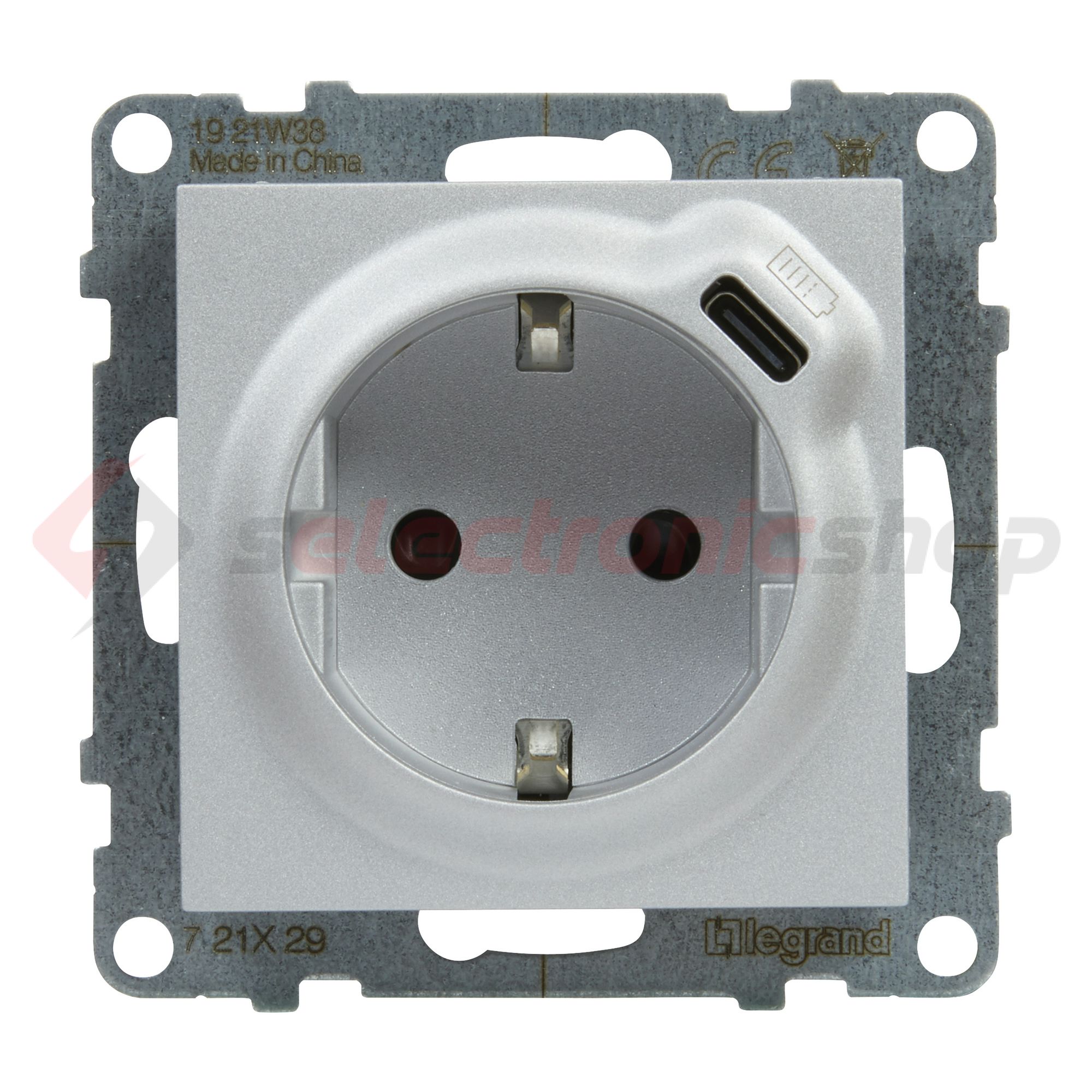 Suno 162 dugalj +USB-C földelt gyerekzárral alumínium IP40 süllyesztett rugós LEGRAND - 721329