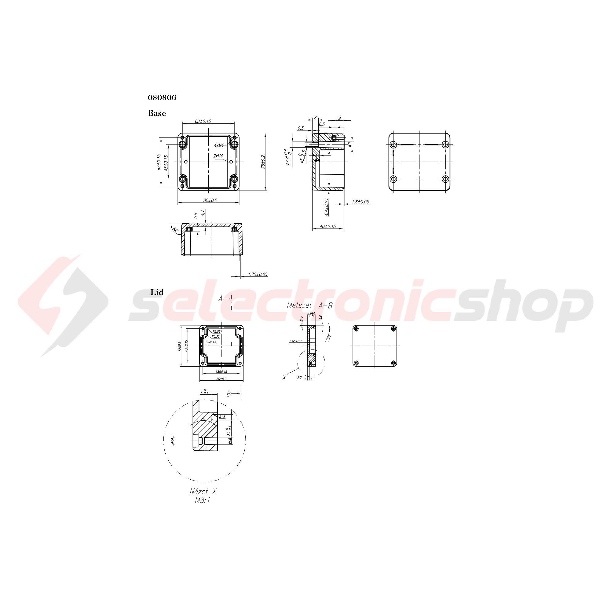 Szerelő/készülékdoboz poliészter falonkívüli műanyag 75mm x 80mm 55mm CSP 080806 Csatári Plast - CSP10080806