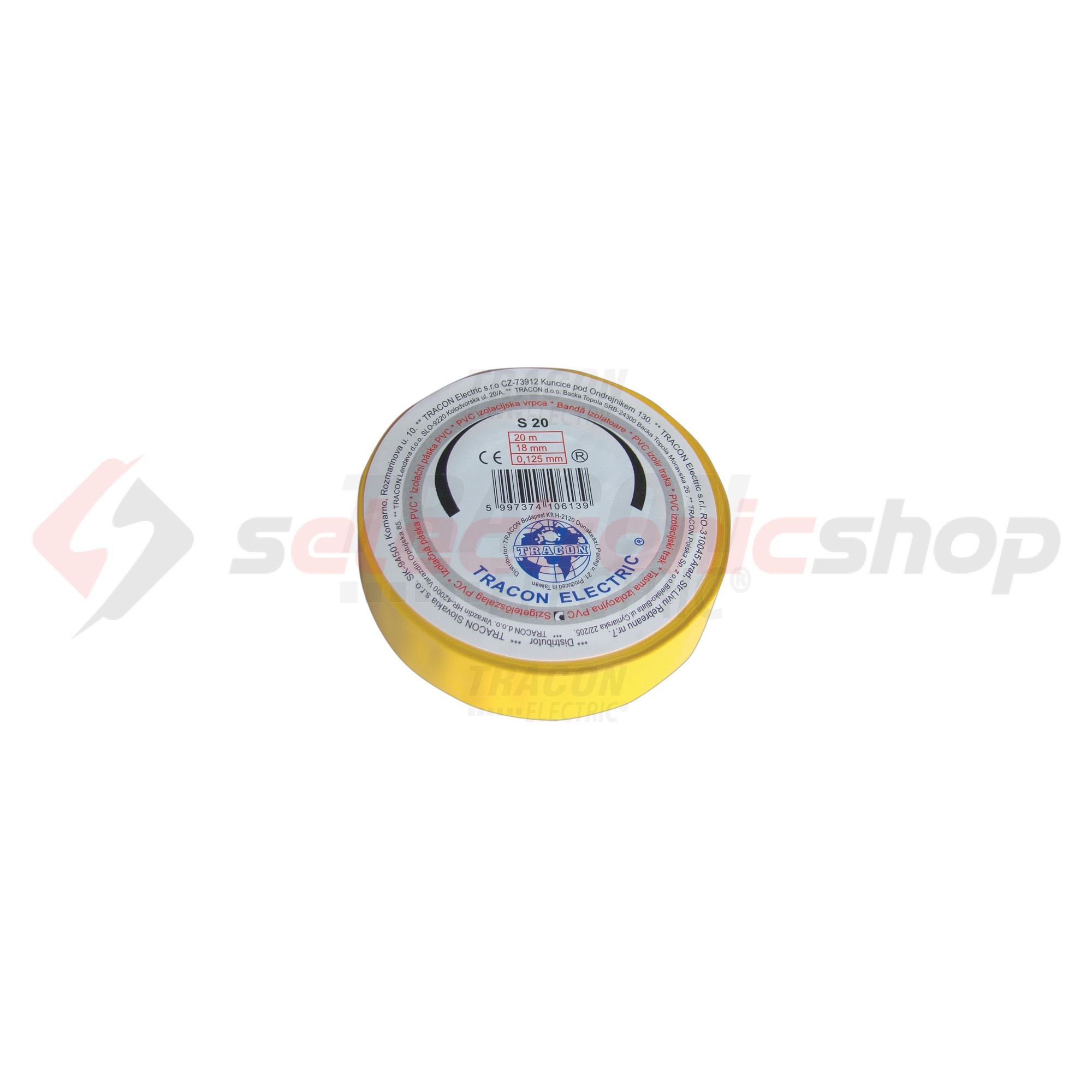 Szigetelőszalag sárga 18mm x 20m PVC 90°C max. TRACON - S20