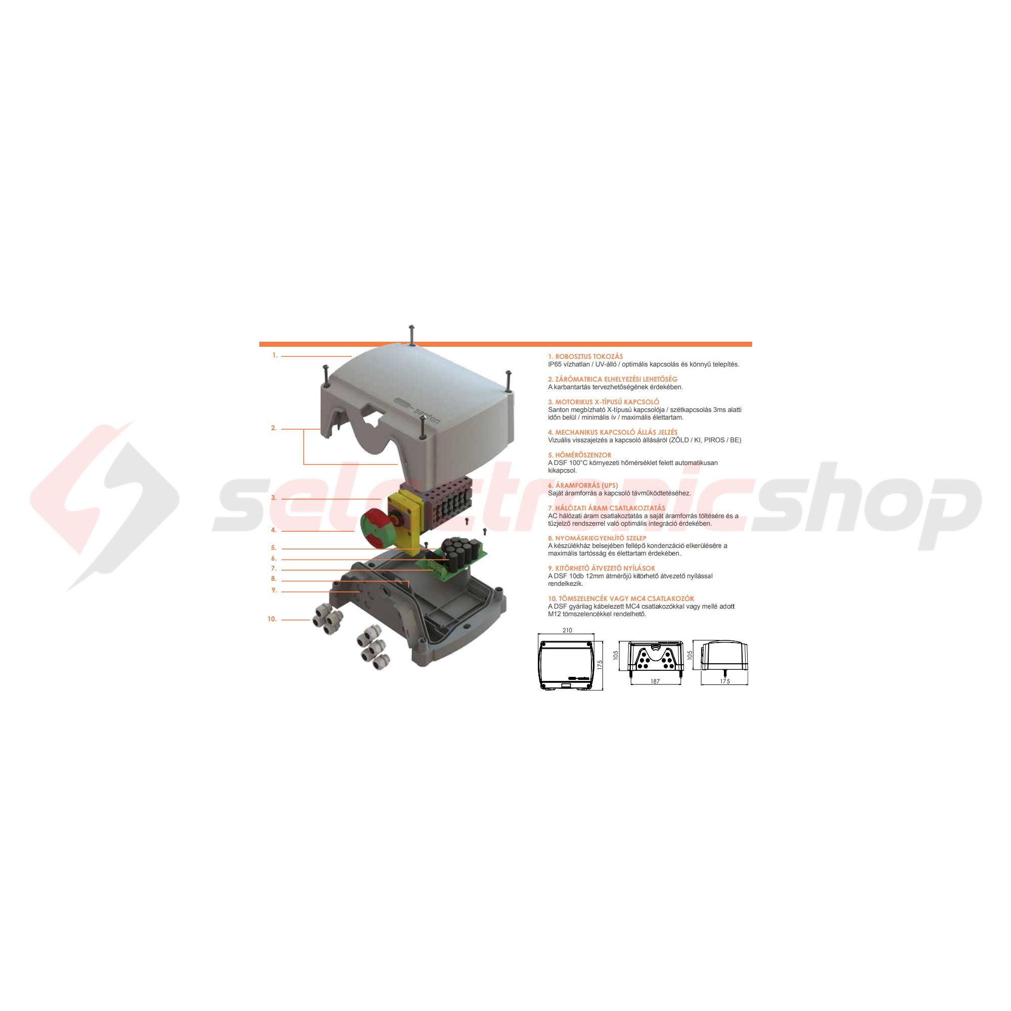 Tűzeseti leválasztókapcsoló napelemhez PV (DC) 2-ághoz 16A 4P ráépíthető tokozott DFS-14 Santon - PV40-423