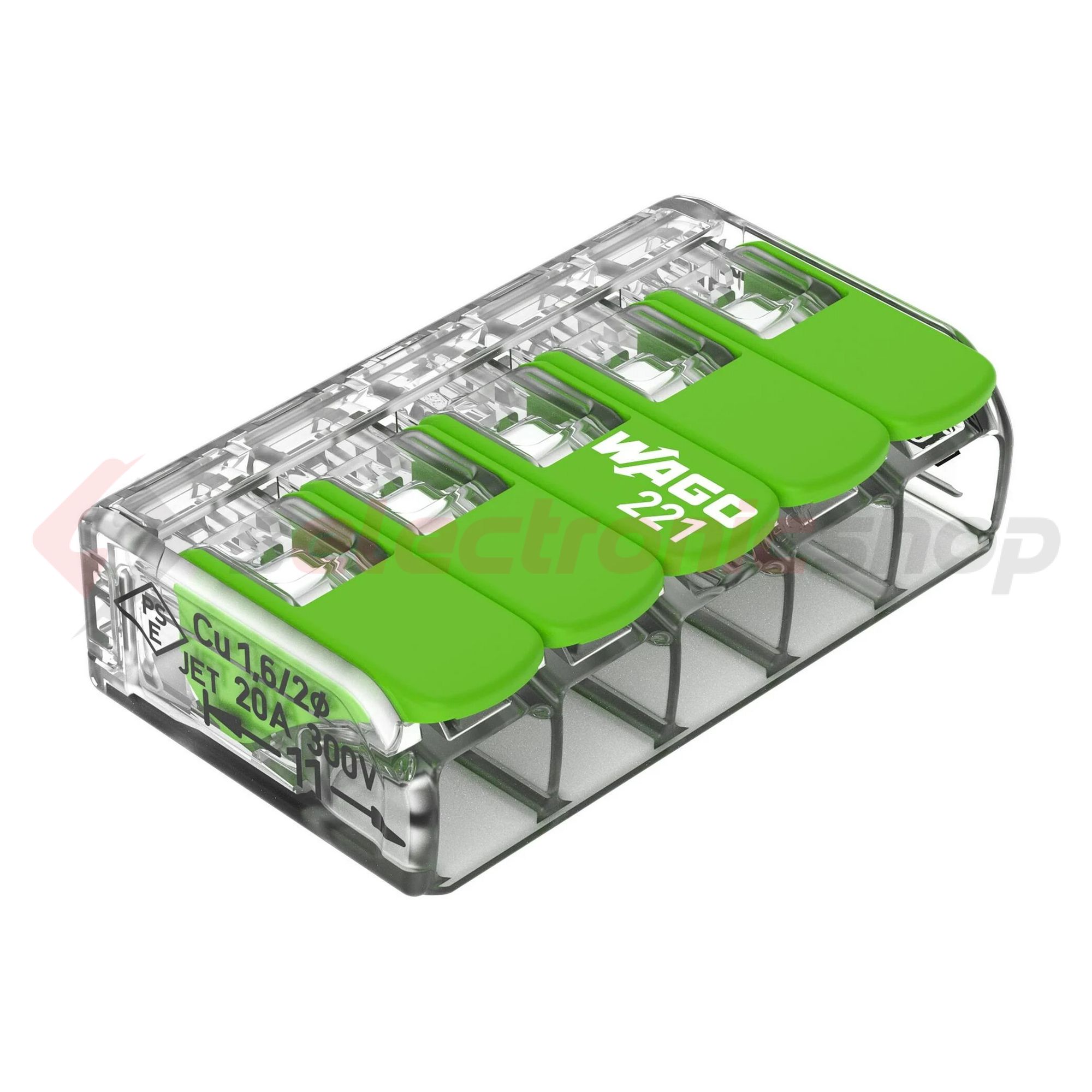 Vezetékösszekötő oldható 32A/450V leágazás 5x 0,14-4mm2 átlátszó polikarbonát (PC) Green WAGO - 221-425