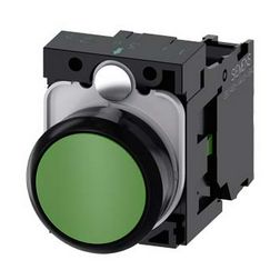 Nyomógomb komplett műanyag d22 zöld lapos visszaugró 1z csavaros kerek SIRIUS ACT SIEMENS - 3SU1100-0AB40-1BA0