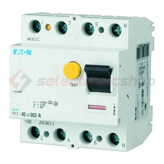 Áram-védőkapcsoló (Fi-relé) analóg 3P+N 40A 100mA AC-típus 10kA PF7-40/4/01-DE EATON - 263587