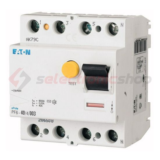Áram-védőkapcsoló (Fi-relé) analóg 4P 40A 100mA AC-típus 6kA PF6-40/4/01 EATON - 286509