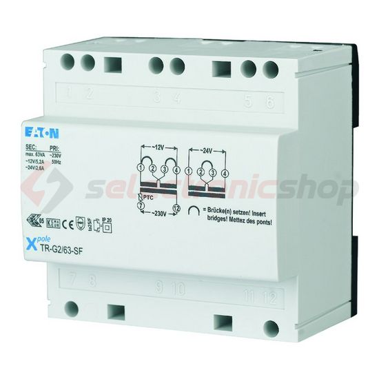 Biztonsági transzformátor 1F 63VA sorolható 230V/ 12V/ 5.2A 24V/ 2.6A 5M TR-G2/63-SF EATON - 272485