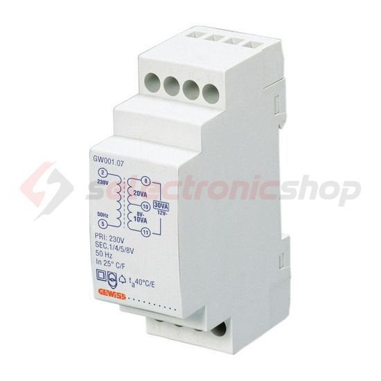 Csengőtranszformátor 1F 10VA sorolható 230V/ 12V/ 12V/ 24V/ 2M 90AM GEWISS - GW96424