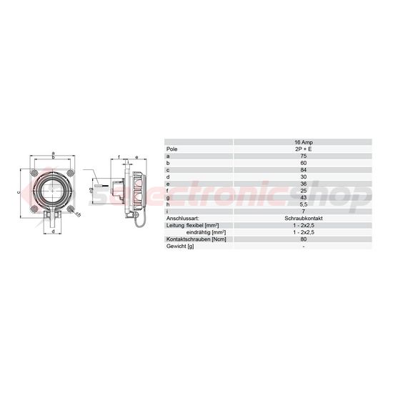 Dugalj beépíthető 2P+E +csapófedél 16A 3P 250V műanyag 75x75mm kék egyenes csavaros Nautilus PCE - 20351-8b