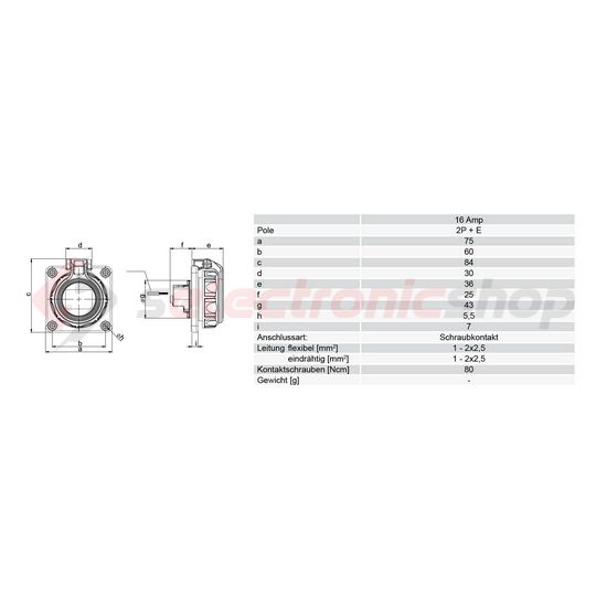 Dugalj beépíthető 2P+E +csapófedél 16A 3P 250V műanyag 75x75mm kék egyenes csavaros Nautilus PCE - 20352-8b