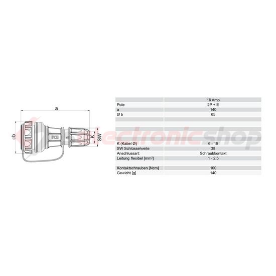 Dugalj lengő 2P+E 16A 230V egyenes kék műanyag csavaros IP68 PCE - 20251-b