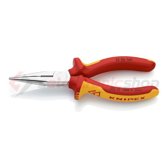 Fél-kerek csőrű fogó 61HRC max.d2,5/1,6m vágóéllel egyenes 160mm szigetelt 1000V KNIPEX - 2506160