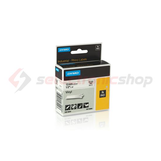 Feliratozó szalag vynil (PVC) fehér/ fekete-betű 12mm x 5.5m  hőálló  UV-álló RHINO 18444 DYMO - S0718600