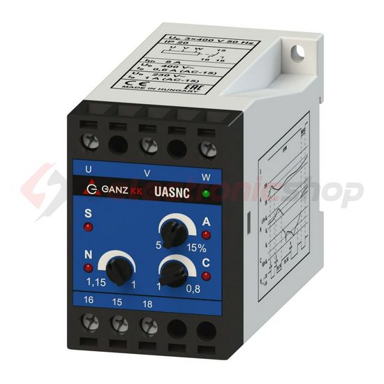 Feszültségvédelmi relé 3F aszimmetria/sorrend/növekedés/csökkenés 1A/230V 320-460V UASNC Ganz KK - 740-8070-515
