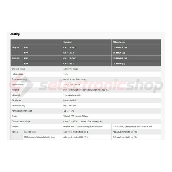 Fotokapcsoló adó-vevő 2m-kábel M18 sötétre kapcsol 15000mm-max.kapcs.táv PNP 12-24VDC Panasonic - CY-111B-P