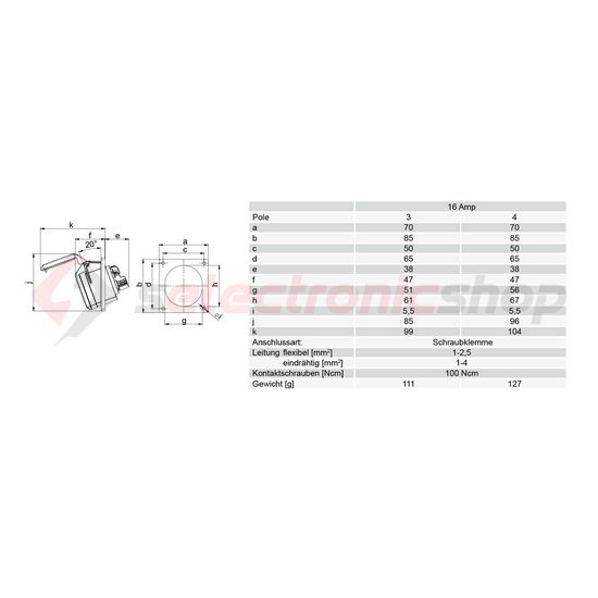 Ipari dugalj beépíthető 2P+E 16A 230V(50+60Hz) kék ferde IP44 műanyag 6h-pozíció csavaros PCE - 413-6