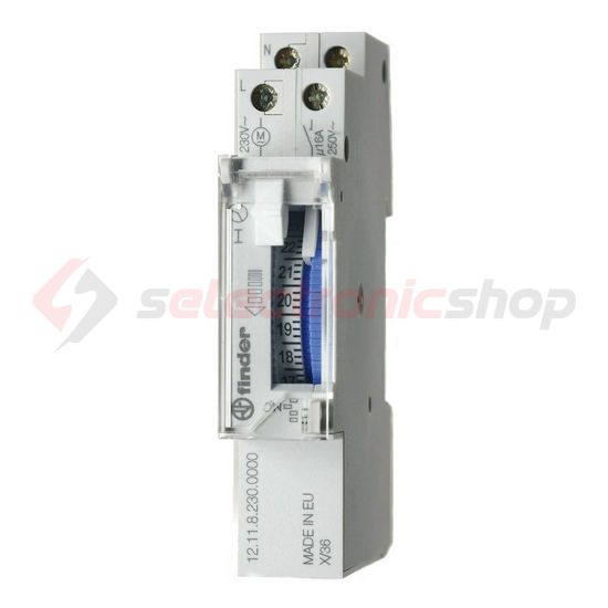 Kapcsolóóra sorolható analóg kvarc 1csatorna napi 1M 16A kalapsínre 12.11.8.230.0000 FINDER - 121182300000