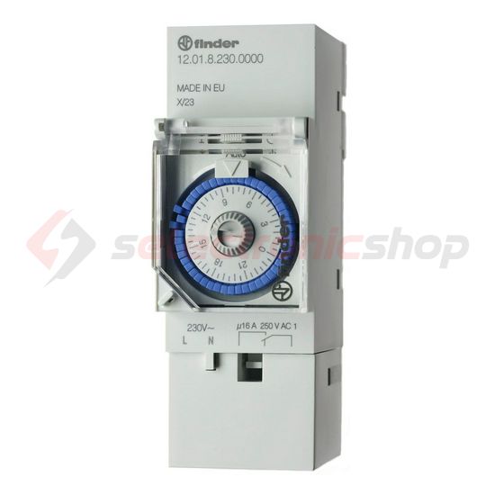 Kapcsolóóra sorolható analóg kvarc 1csatorna napi 2M 16A kalapsínre 12.01.8.230.0000 FINDER - 120182300000