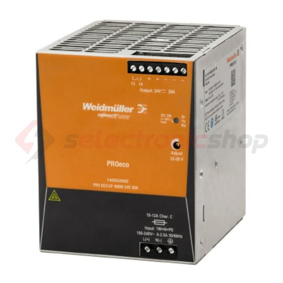 Kapcsolóüzemű DC tápegység 320-575VAC-be 450-800VDC-be 24VDC-ki PRO ECO3 480W 24V 20A Weidmüller - 1469550000