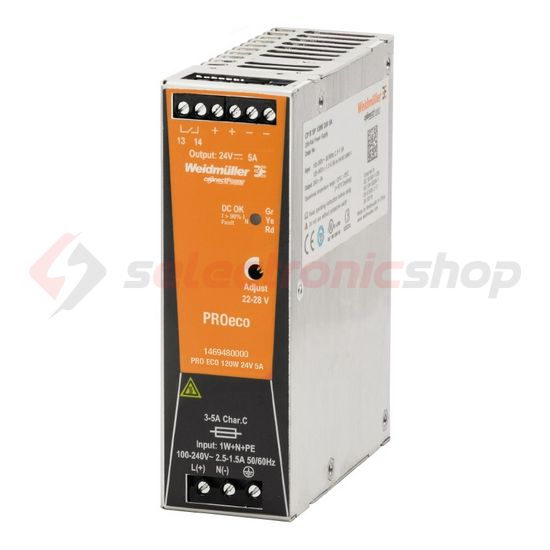 Kapcsolóüzemű DC tápegység 85-264VAC-be 80-370VDC-be 24VDC-ki 120W PRO ECO 120W 24V 5A Weidmüller - 1469480000