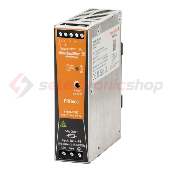 Kapcsolóüzemű DC tápegység 85-264VAC-be 80-370VDC-be 24VDC-ki 72W PRO ECO 72W 24V 3A Weidmüller - 1469470000