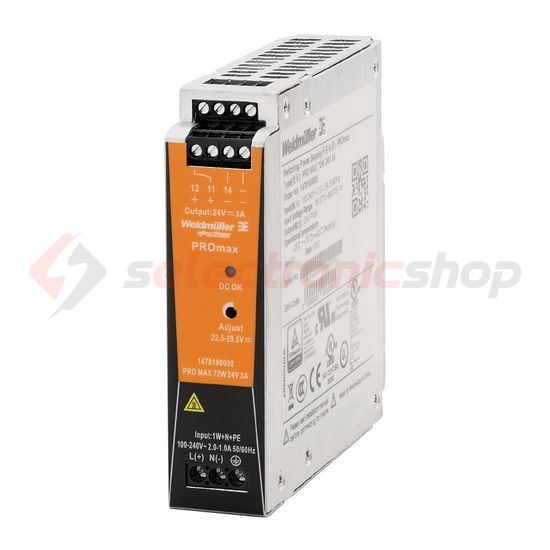 Kapcsolóüzemű DC tápegység 85-264VAC-be 80-370VDC-be 24VDC-ki 72W PRO MAX 72W 24V 3A Weidmüller - 1478100000