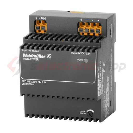Kapcsolóüzemű DC tápegység sorolható 100-240VAC-be 120-340VDC-be 2.5A/ 60W PRO INSTA Weidmüller - 2580230000