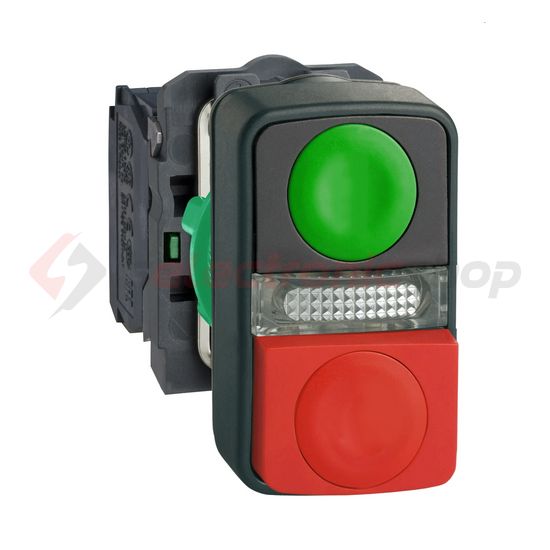 Kettős nyomógomb komplett műa. d22 I/jelzőlámpa/O világító piros/zöld magas Harmony XB5 Schneider - XB5AW73731B5